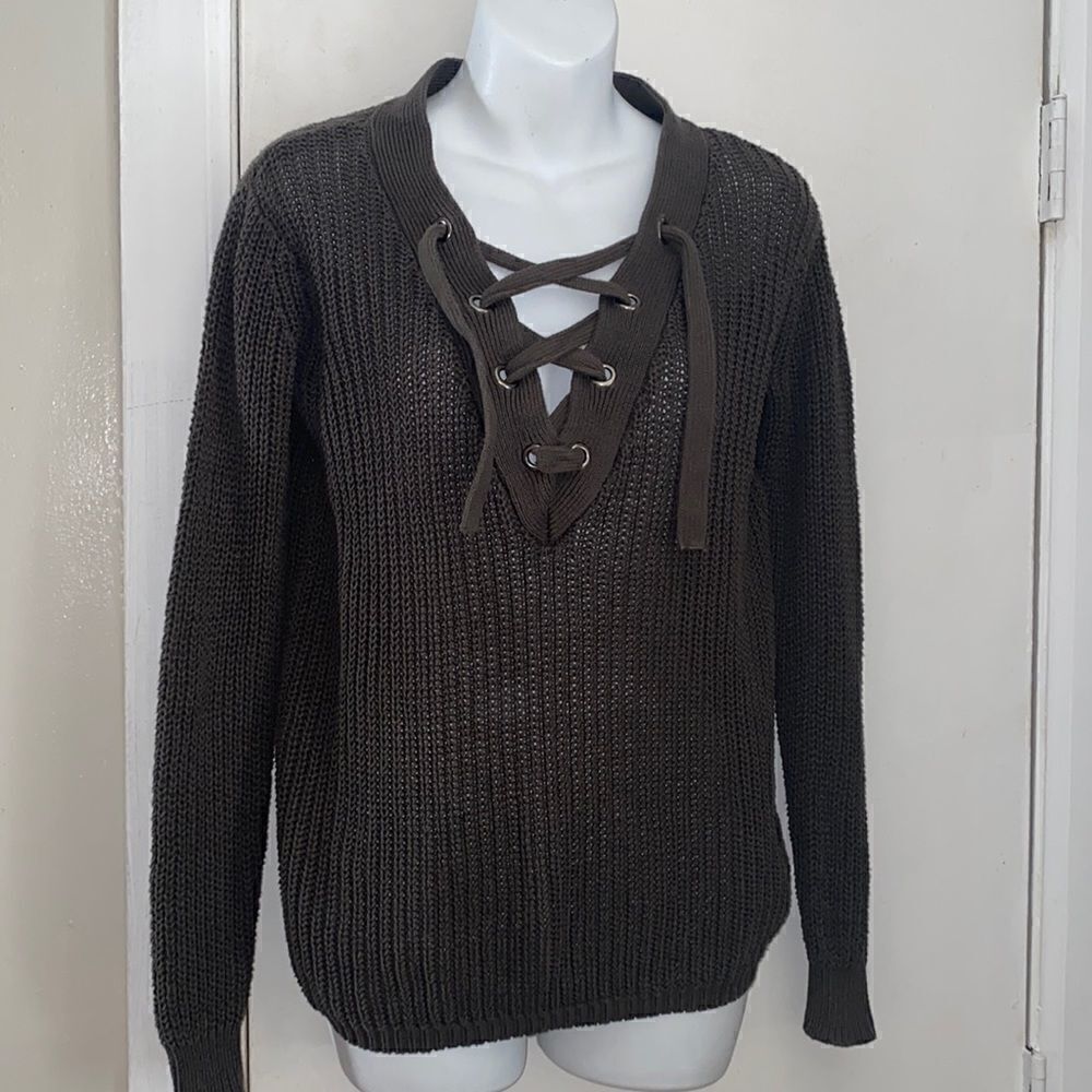 RUBY MOON Olive Green Knit Sweater with Tie Detail-XS